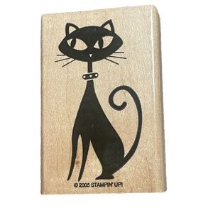 Stampin Up 2005 Black Cat Wood Mount Rubber Stamp Retro Mid Century Halloween